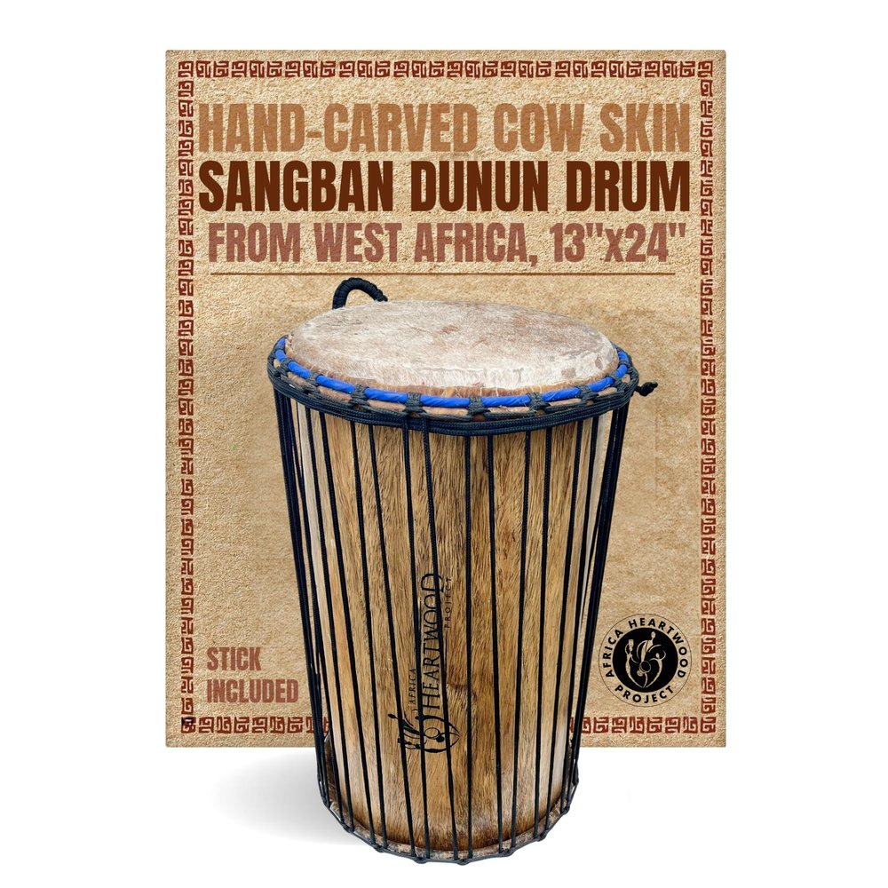 Africa Heartwood Project Ghana Sangban Dunun Drum - "12 X 24" - African Cow Skin Hand Drum, Handcrafted in Africa