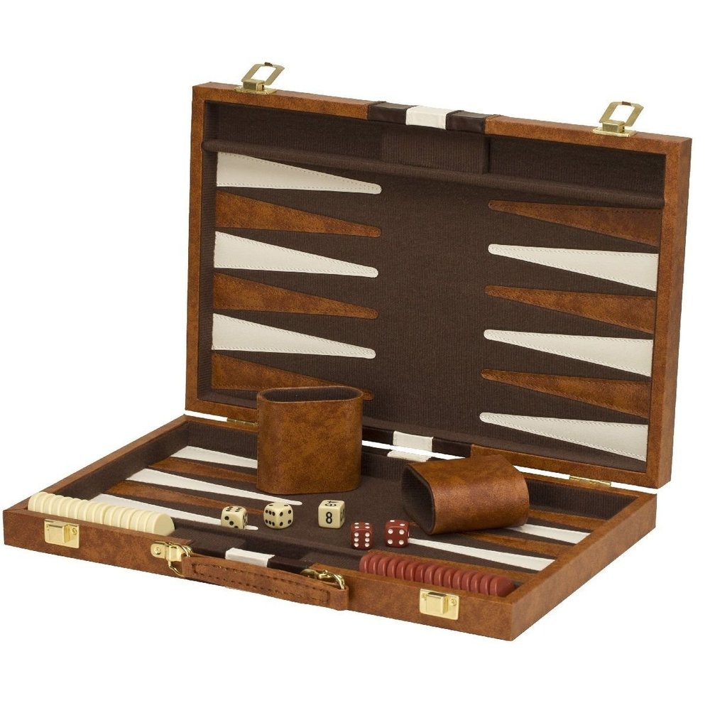 15"x19" Backgammon Set Brown White Faux Leather Portable Travel Folding Case NEW