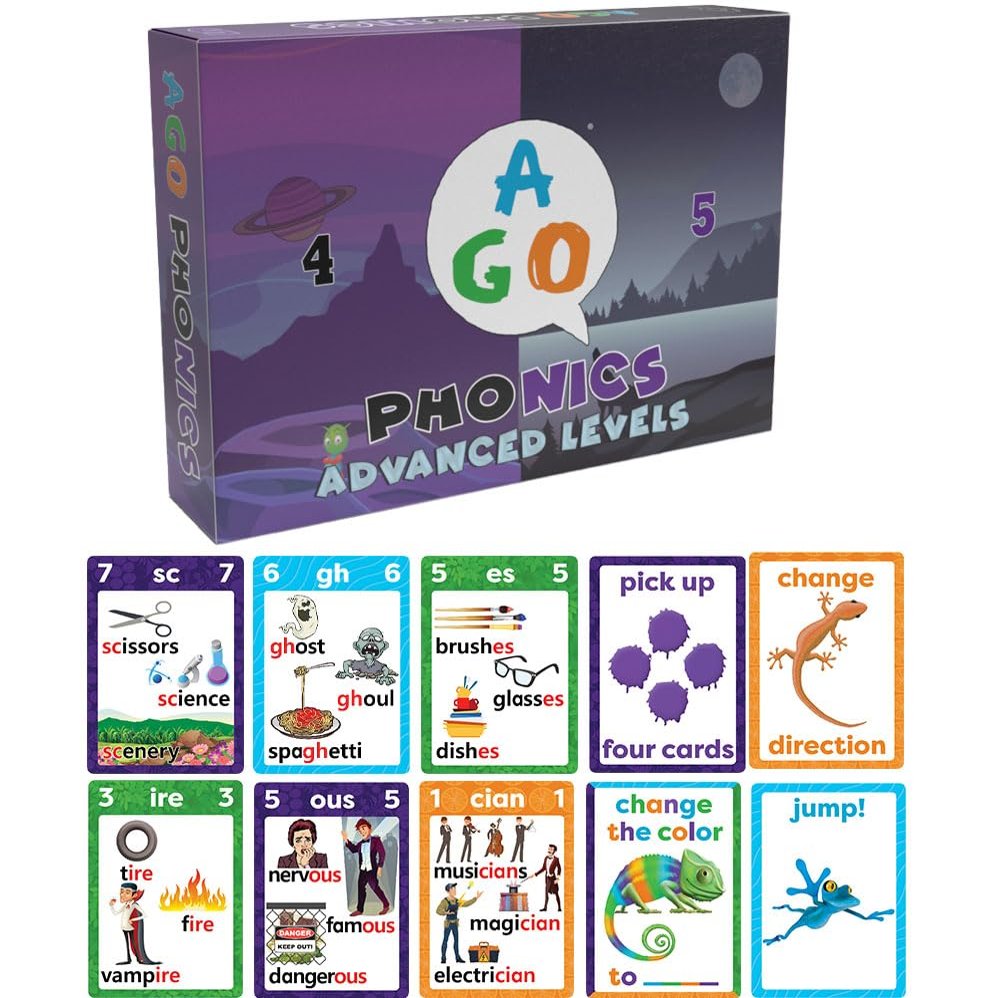 AGO Phonics Card Game - Advanced Set (Levels 4 and 5) A Fun Game to Build Phonics and Reading Skills. Learn Tricky phonemes (digraphs/dipthongs/Word Families/Silent Letters & More!)