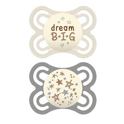 MAM Perfect Baby Pacifier 0-6 Months, Extra Thin Nipple, Developed with Orthodontists, Clinically Proven, Glows in The Dark, BPA-Free Silicone, Pack of 2, Made in Europe