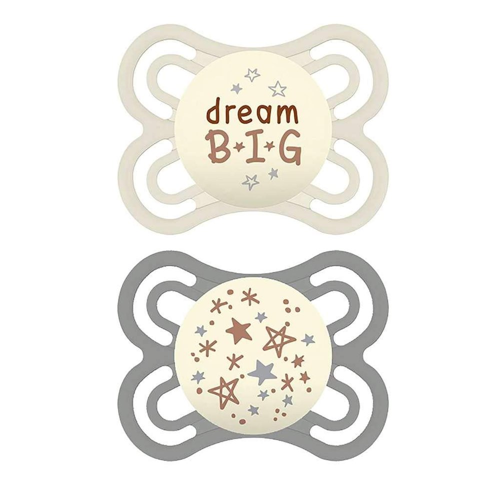MAM Perfect Baby Pacifier 0-6 Months, Extra Thin Nipple, Developed with Orthodontists, Clinically Proven, Glows in The Dark, BPA-Free Silicone, Pack of 2, Made in Europe