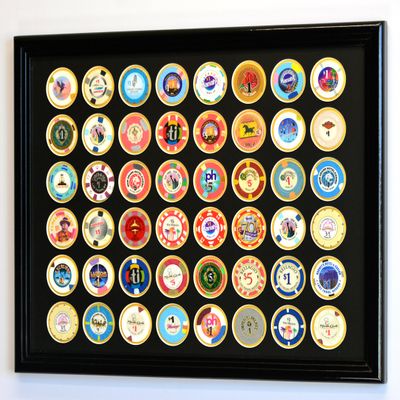 48 Casino Chip Coin Frame Display Case with Custom Colored Matting Insert (Black Wood Frame, Black/Gold Matting)