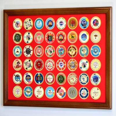 48 Casino Chip Coin Frame Display Case with Custom Colored Matting Insert (Walnut Wood Frame, Red/Gold Matting)
