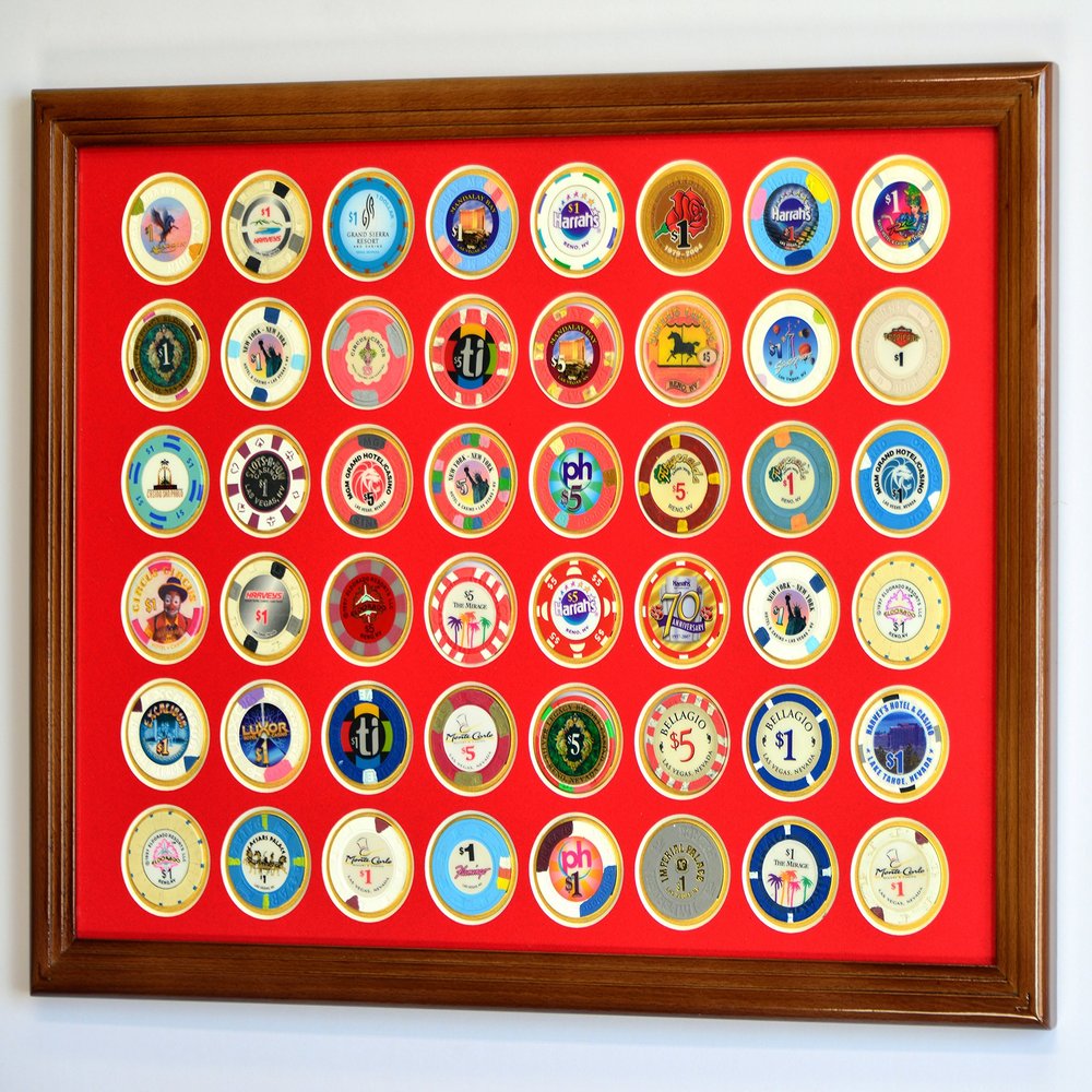 48 Casino Chip Coin Frame Display Case with Custom Colored Matting Insert (Walnut Wood Frame, Red/Gold Matting)
