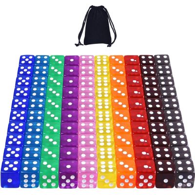 AUSTOR 100 Pieces 6 Sided Game Dice Set 10 Transparent Colors Square Corner Dice for Tenzi, Farkle, Yahtzee, Bunco or Teaching Math with Velvet Pouch