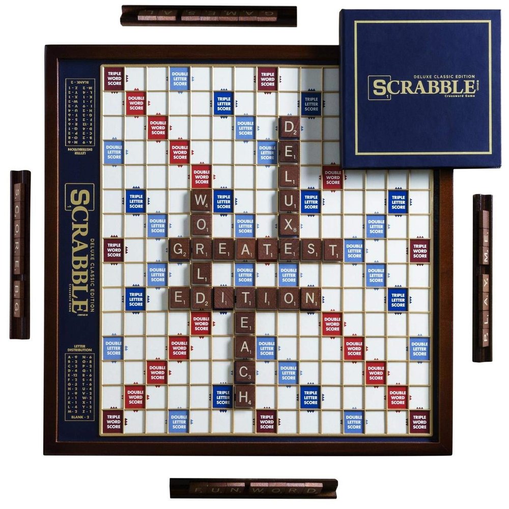 WS Game Company Scrabble Deluxe Edition Board Game Featuring a Rotating Wooden Game Cabinet with Built-in Storage and Raised Letter Tile Grid  Board Games for 2-4 Players (Ages 8+)