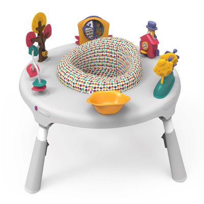 ORIBEL PortaPlay Convertible 3-in-1 Baby Activity Center & Play Table | Patented Bouncy Seat | Stable Foot Support | 5 Months+ | Development Focused Toys (Wonderland Adventure, Grey)