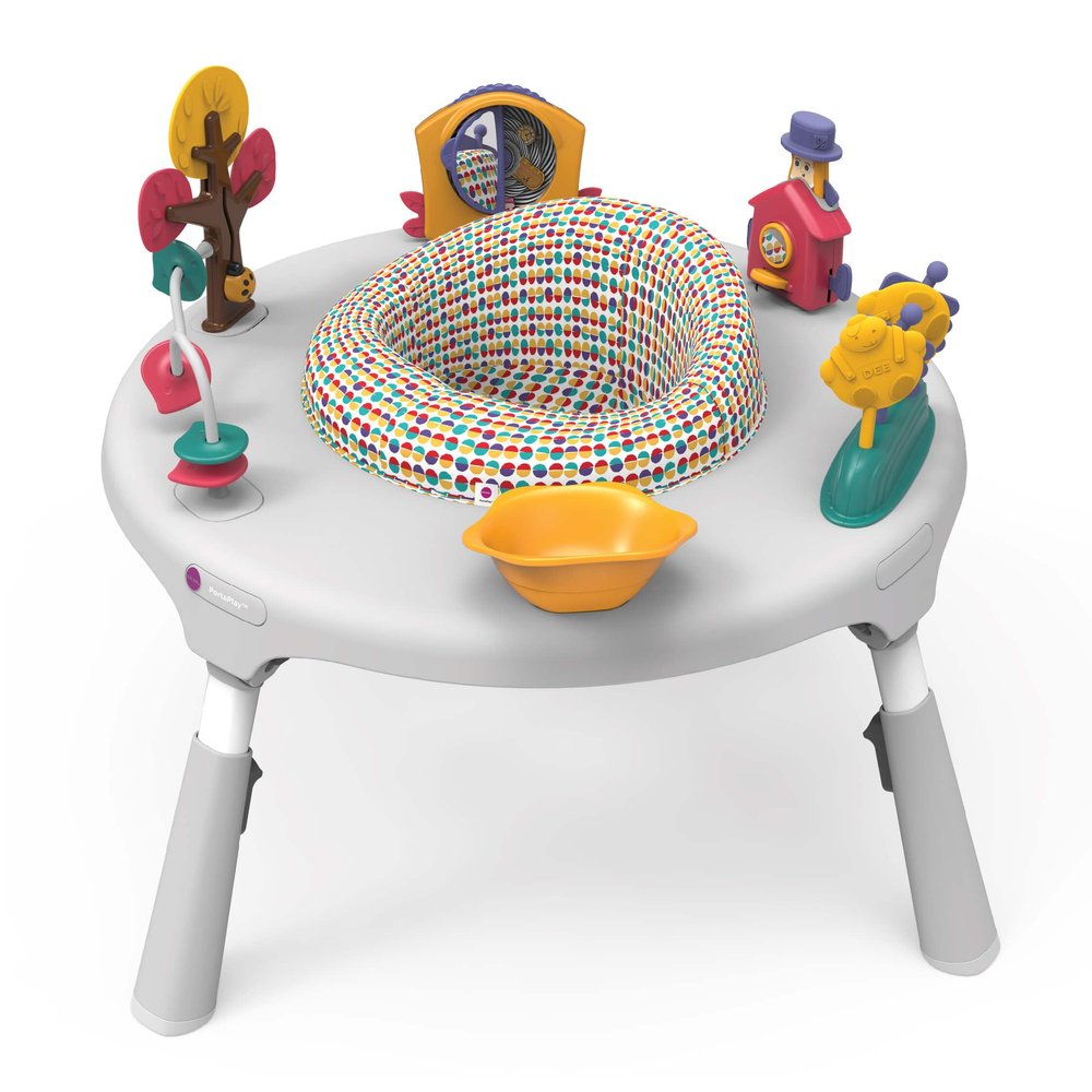 ORIBEL PortaPlay Convertible 3-in-1 Baby Activity Center & Play Table | Patented Bouncy Seat | Stable Foot Support | 5 Months+ | Development Focused Toys (Wonderland Adventure, Grey)