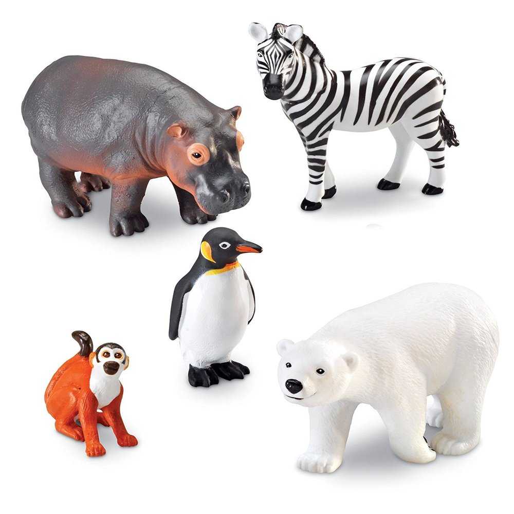 Learning Resources Jumbo Zoo Animals, Monkey, Penguin, Zebra, Polar Bear, and Hippo, Classroom Desk Pets, 5 Animals, Ages 2+