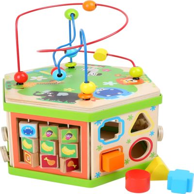 Small Foot Wooden Toys Safari Theme 12" Activity Cube Center 7-Sided Designed for Motor Skills Training Designed for Children 12+ Months, Multi