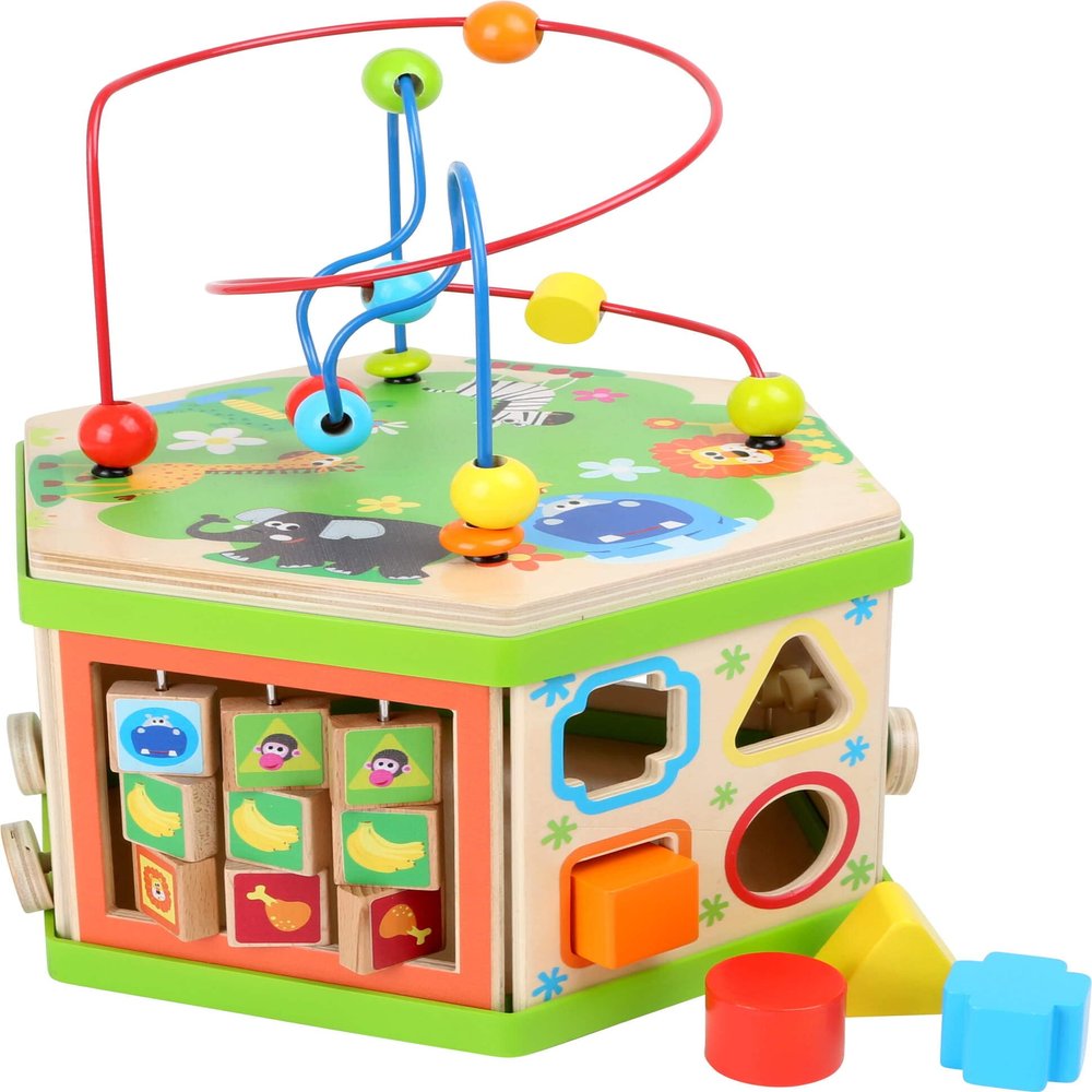 Small Foot Wooden Toys Safari Theme 12" Activity Cube Center 7-Sided Designed for Motor Skills Training Designed for Children 12+ Months, Multi