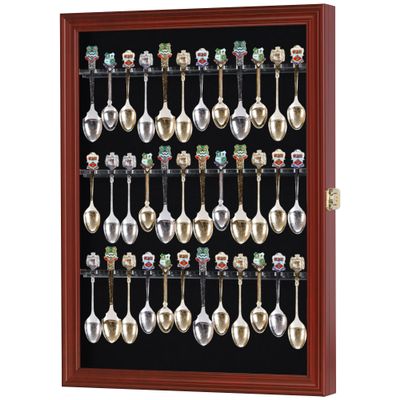36 Souvenir Tea Spoon Display Case Rack Wall Mountable Cabinet Frame with Lockable Door Mahogany Finish