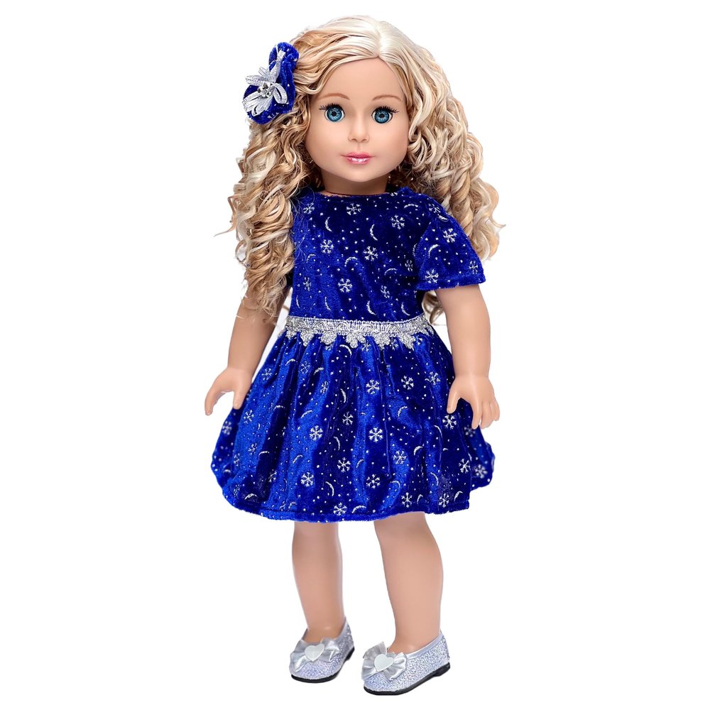 18 inch Doll Clothes - Midnight Blue - 3 Piece Outfit - Dark Blue Sparkling Holiday Dress with Matching Silver Shoes and Headpiece - Clothes Fits American 18 Inch Doll (Doll Not Included)