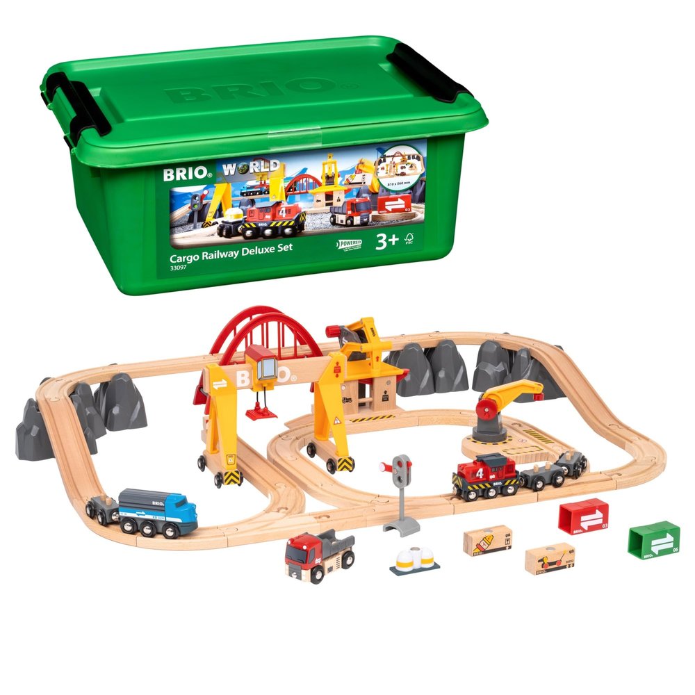 BRIO World Cargo Railway Deluxe - Wooden Track Train Set - Battery-Powered Engine, 3 Cranes, Bridge, Truck - Kids Ages 3+ - Compatible with All Wooden Rail Sets - FSC Certified Wood - 54-Pieces