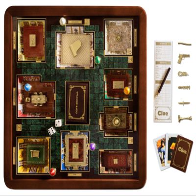 WS Game Company Clue Luxury Edition Board Game with Burl Wood Cabinet, Gold-Plated Accessories, and Faux Leather Storage, Family Board Games for 3 to 6 Players