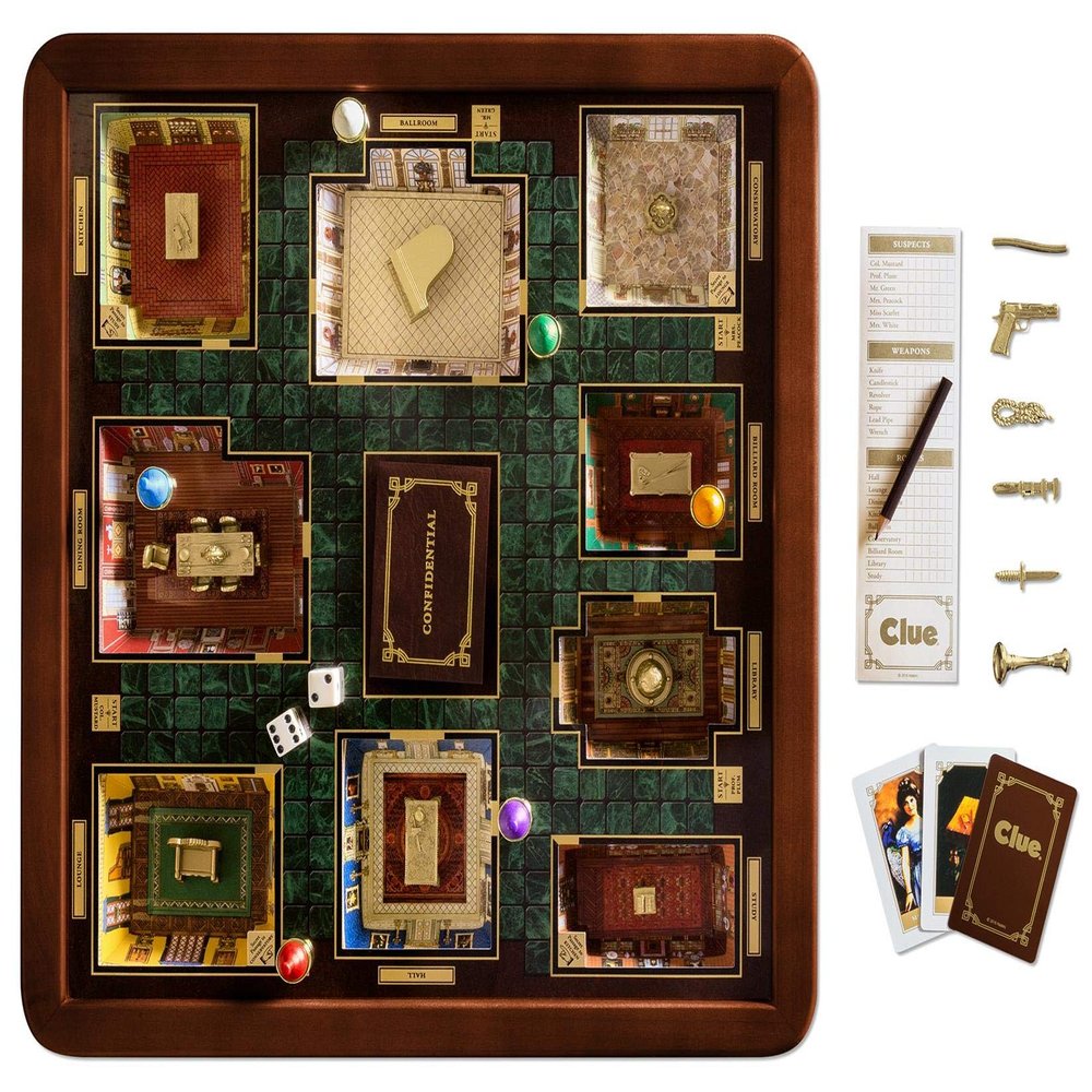 WS Game Company Clue Luxury Edition Board Game with Burl Wood Cabinet, Gold-Plated Accessories, and Faux Leather Storage, Family Board Games for 3 to 6 Players