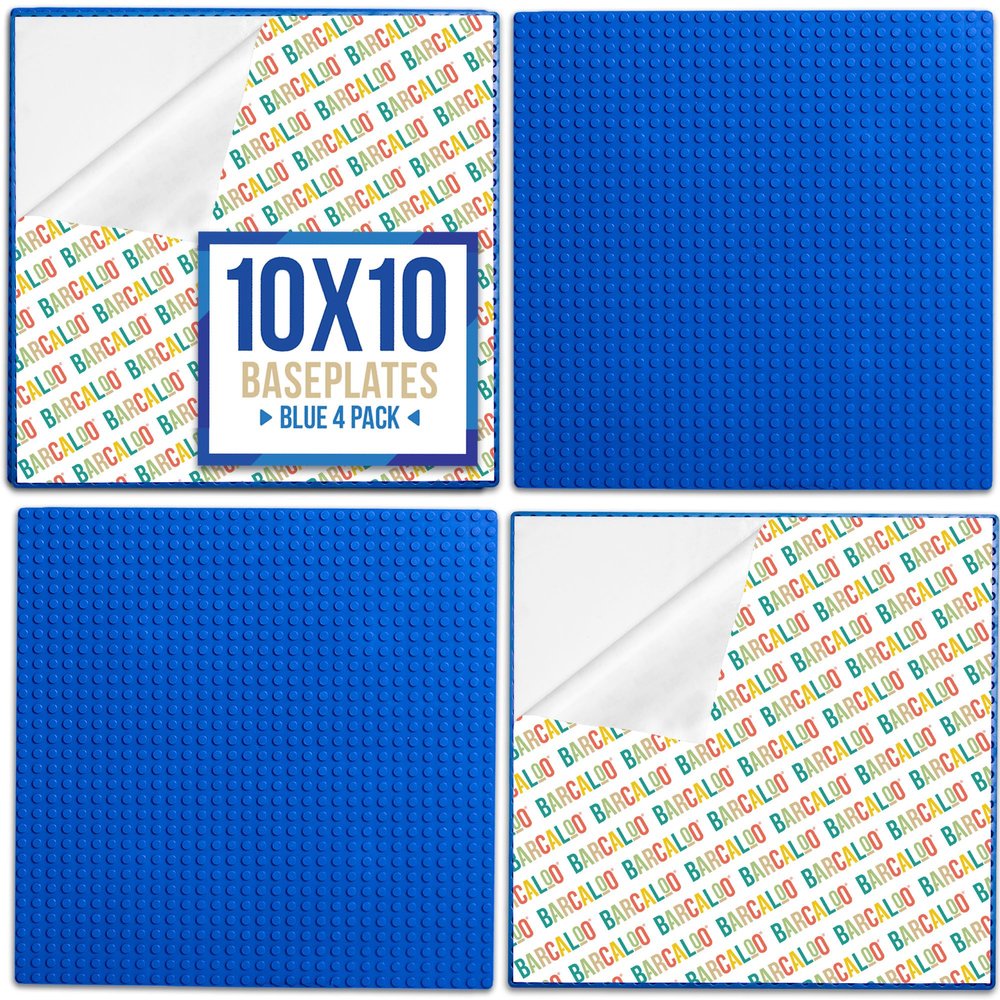 Barcaloo Peel and Stick Self Adhesive Baseplates Mat, Compatible with Base Plates Multipack, Panels for Table Top Play - 10 Inch x 10 Inch Adhesive Building Brick Play Wall Panel, 4 Blue