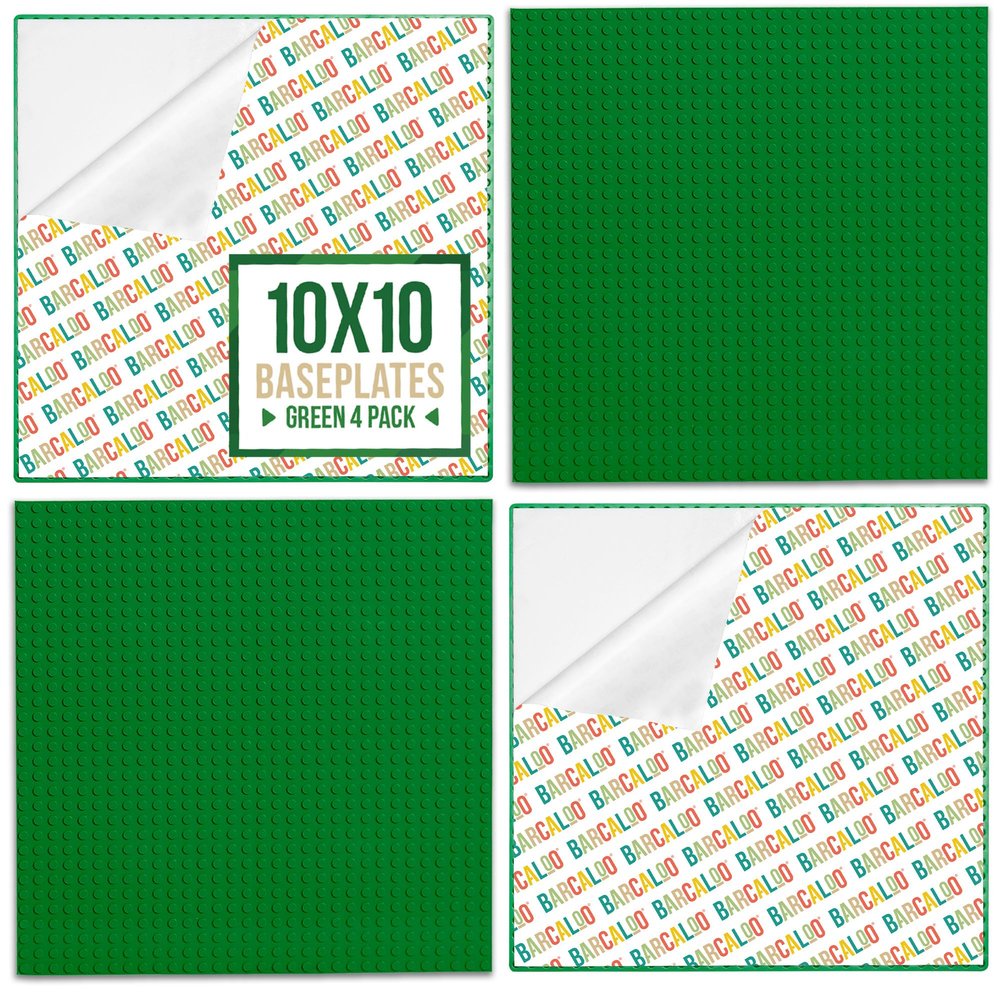 Barcaloo Peel and Stick Self Adhesive Baseplates Mat - 4 Pack 10x10 Inch Adhesive Base Board for Building Brick Table, Green Panels for Table Top Play - Compatible with All Major Brands