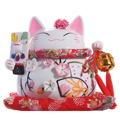 8" Maneki Neko Japanese Porcelain Lucky Cat Money Box Piggy Bank Lucky Blessing #B