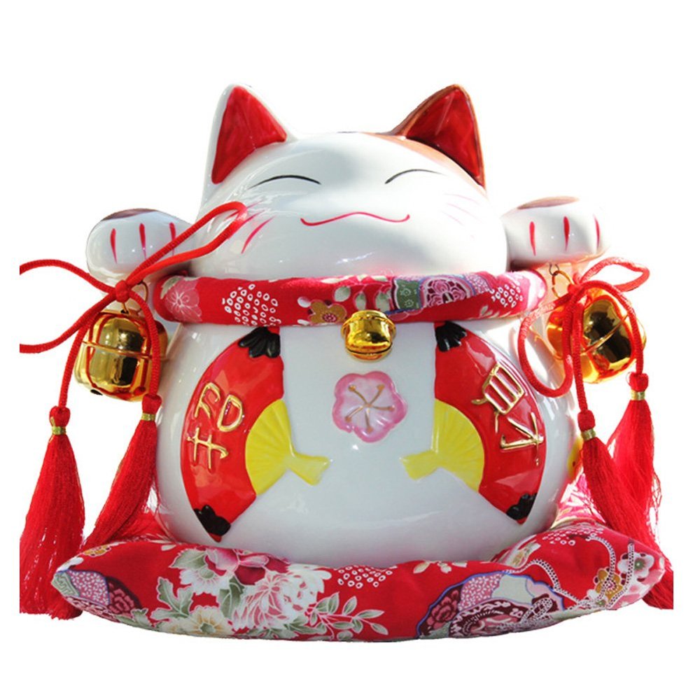 8" Maneki Neko Japanese Porcelain Lucky Cat Money Box Piggy Bank Lucky Blessing #C