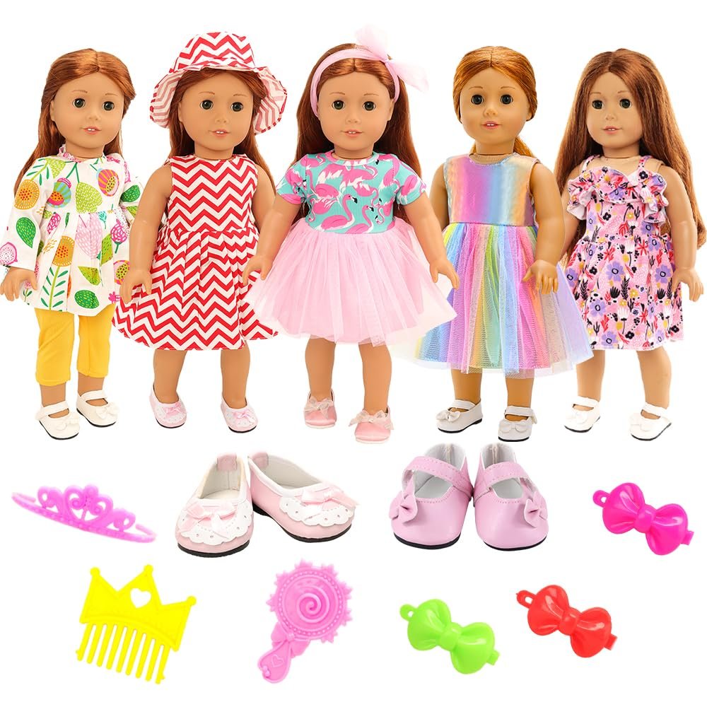 BARWA 18 inch Doll Clothes and Accessories 5 Sets Clothes Dress Outfits with 2 Pairs Shoes for 18 Inch Dolls
