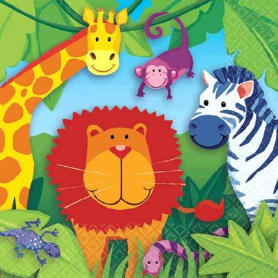 Amscan Colorful Jungle Animals Birthday Party Beverage Napkins Party Supply, 5 x 5", Multi