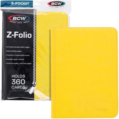 BCW Z-Folio 9-Pocket LX Album - Yellow | Secure Zipper Card Organizer | Premium Leatherette Card Collection Binder | Trading Card Binder for Pokemon, MTG, Sport Cards and More