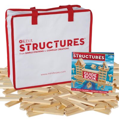 MindWare KEVA Structures 400 Plank Wooden Building Blocks Set - Includes 400 Pine KEVA Planks, Canvas Storage Bag and Full-Color Idea Book