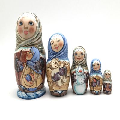 Unique Russian Nesting Dolls Country Girl Hand Carved Hand Painted 5 Piece Set