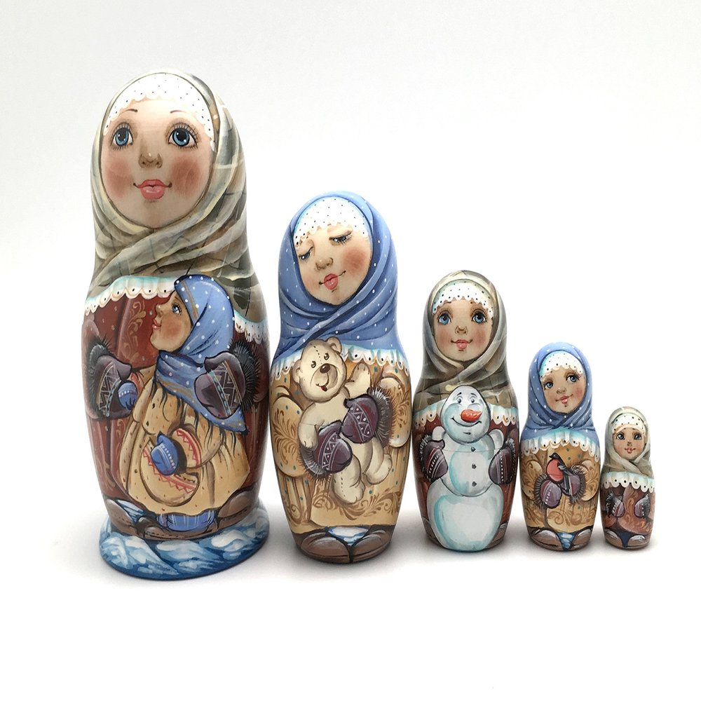 Unique Russian Nesting Dolls Country Girl Hand Carved Hand Painted 5 Piece Set