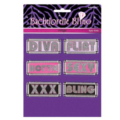 Amscan Bachelorette Bling Rings Costume (8 Piece), 2-3/4" x 1-1/4", Pink/Silver/Black