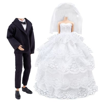 E-TING Wedding Set Beautiful Gown White Bride Dress Clothes with Veil and Groom Business Suit Outfit for DollsDoll Not Included