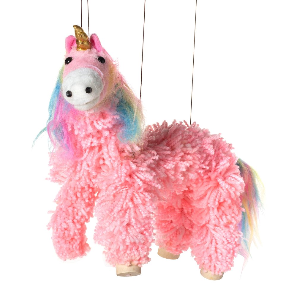 Artisan Owl Yarn and Plush Pink Unicorn Marionette Puppet - Wooden Feet and Detachable Strings, Styles Vary (Pink)