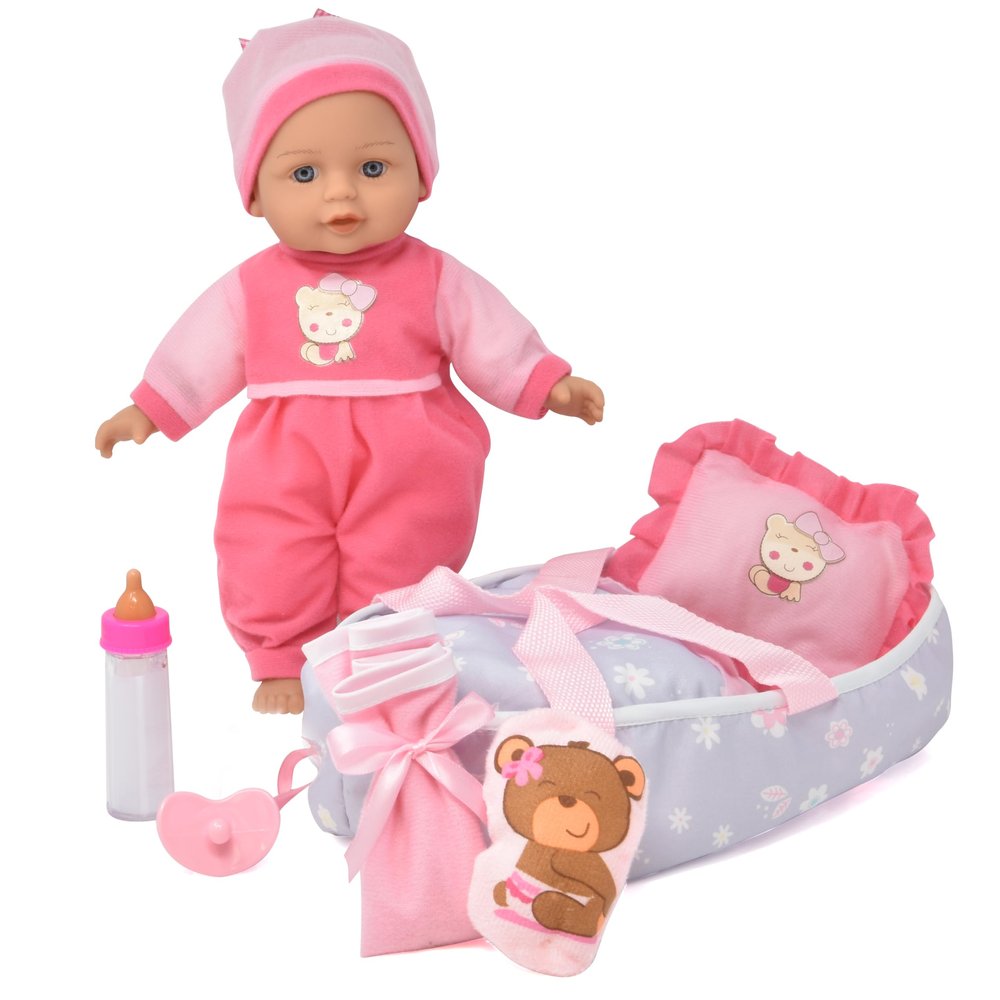 12 Inch Interactive Talking Baby Doll with Bassinet Carrier Bed & Accessories, Doll That Cries Laughs Talks with Pacifier Magic Disappearing Bottle & Take Along Bed with Blanket & Pillow
