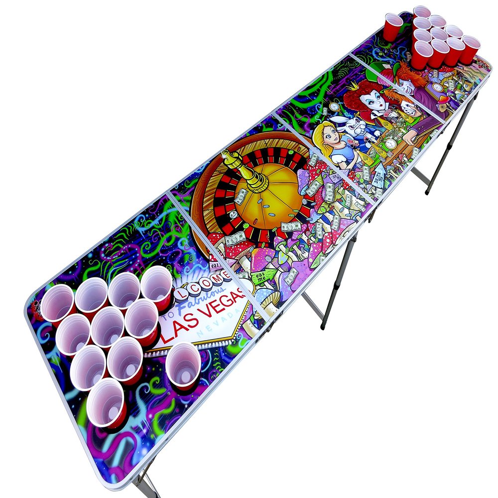 Alice in Las Vegas Psychedelic Poker Pong Table with Cup Holes and Hole Covers