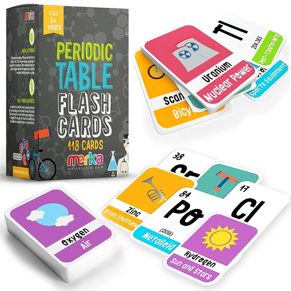 merka Periodic Table Flashcards for Kids - 118 Multicolor Cards, Laminated & Water-Resistant - Element & Chemistry Study Cards for Ages 5+ - STEM Learning Tool