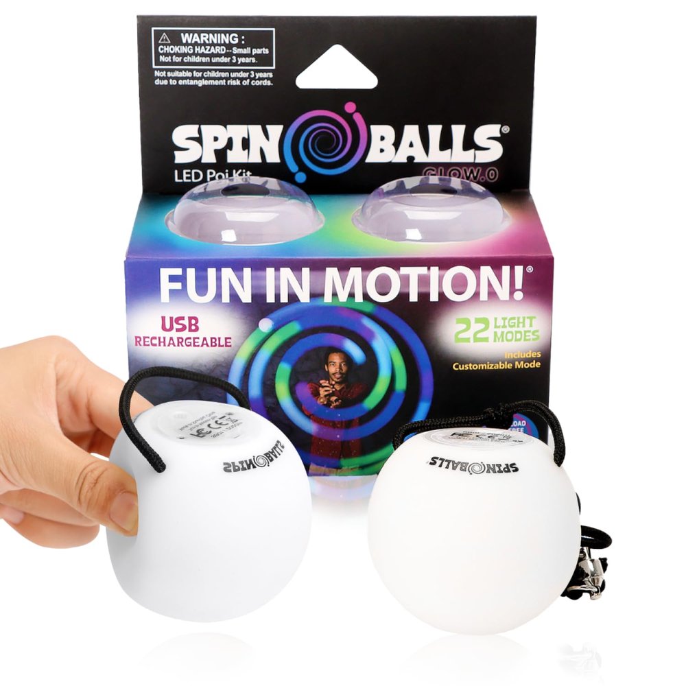SPIN BALLS Glow.0 LED Poi USB Rechargeable w/ 22 Vibrant Color Light Modes & Patterns Durable, Soft-Core Spinning Balls w/Adjustable Leashes & Double-Loop Handles