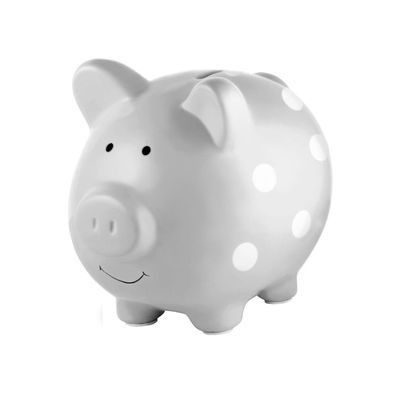 Pearhead Large Ceramic Piggy Bank, Gray with White Polka Dots, Ideal for Boys and Girls, Kids Money and Coin Bank, Perfect Baby Boy Nursery Dcor, Great Gift and Newborn Keepsake