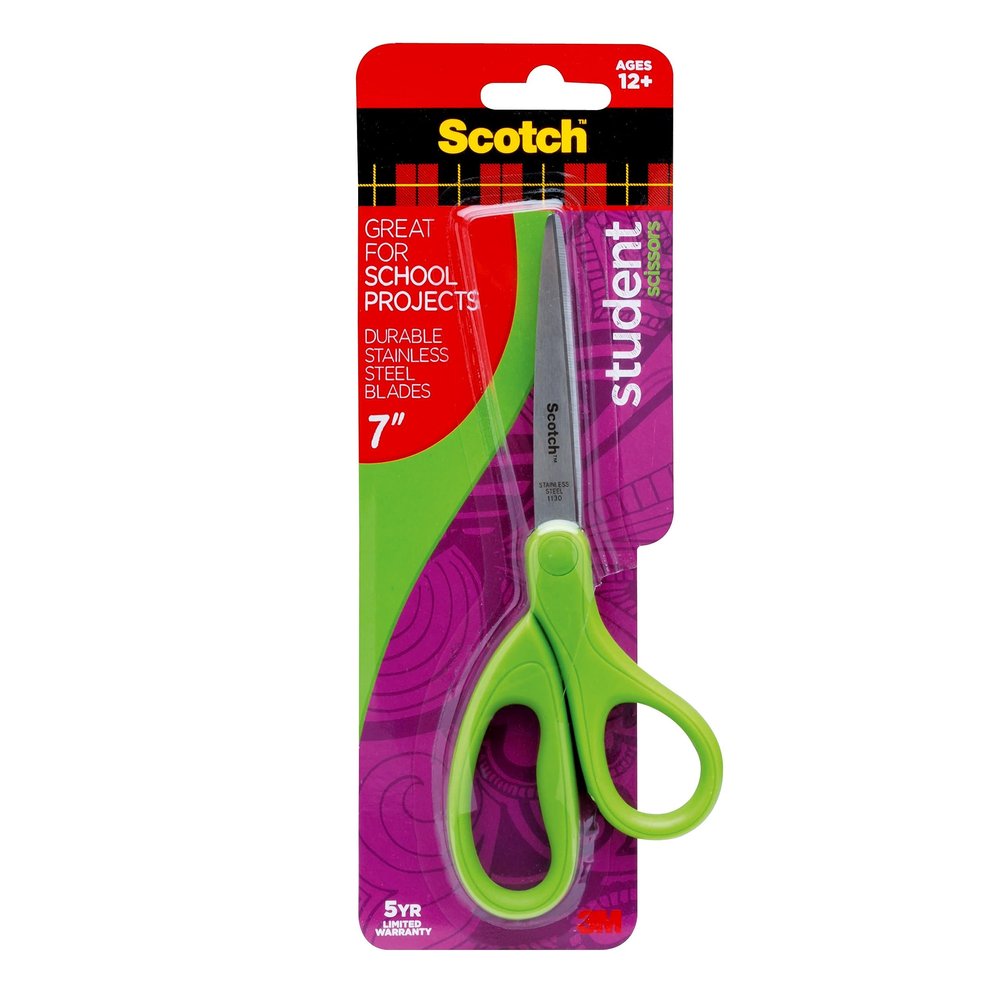 Scotch Student Scissors, 7-Inch - Blue, Green, or Purple, Colors May Vary (1407S-MIX)