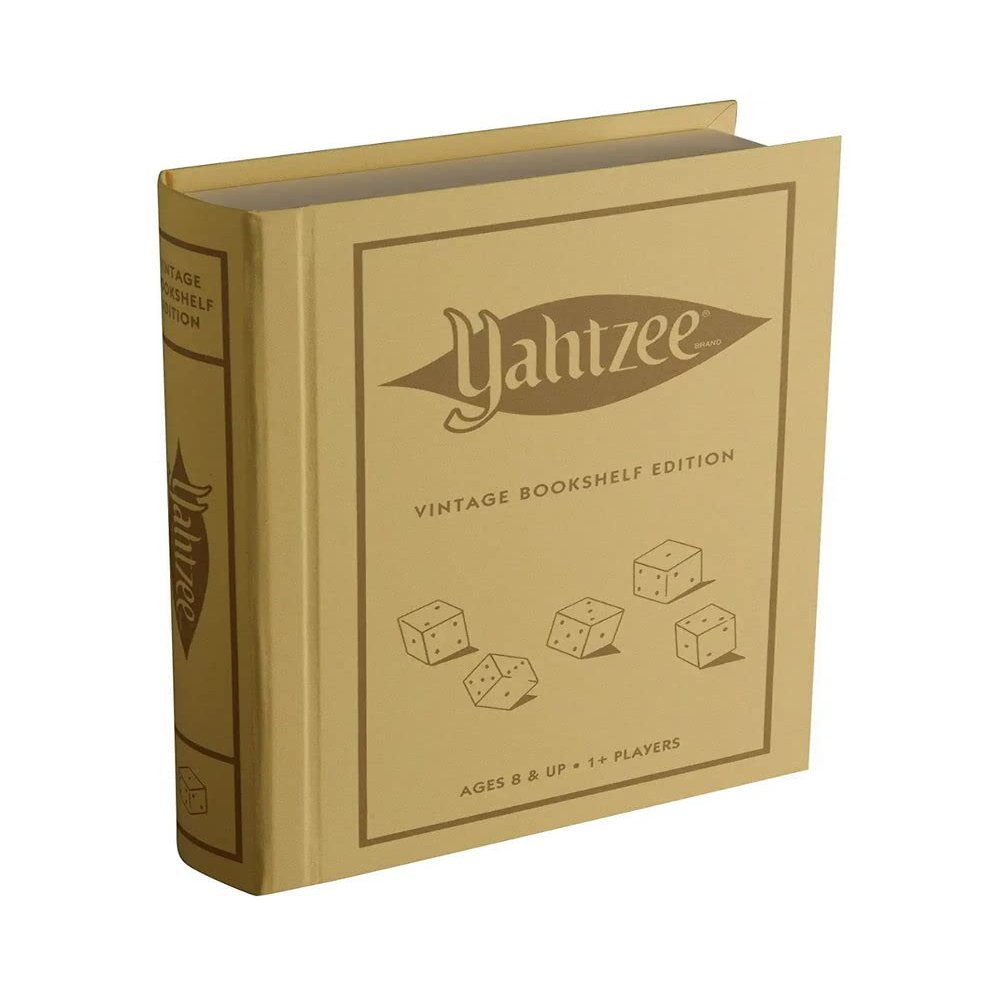 WS Game Company Yahtzee Vintage Bookshelf Edition, Luxury Dice Game in Linen-Wrapped Book Case with Slipcase, Premium Scorebook, Deluxe Rolling Tray & 1956 Graphics, Classic Dice Games, Ages 8+