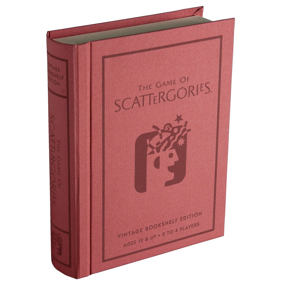 WS Game Company Scattergories Vintage Bookshelf Edition Linen Fabric-Wrapped Book Case with Integrated Storage & 1988 Retro Graphics - Classic Board Game for Family Night, 2-4 Players, Ages 12+