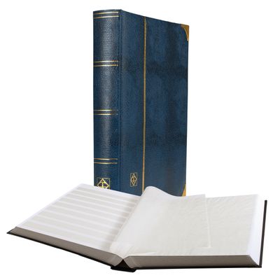 LIGHTHOUSE Comfort Deluxe Stockbook for Stamps - Padded Alligator Leatherette Cover 64 White Cardstock A4 Pages with 9 Strips, Glassine Interleaves, Metal Corners, and Double Linen Hinges - Blue