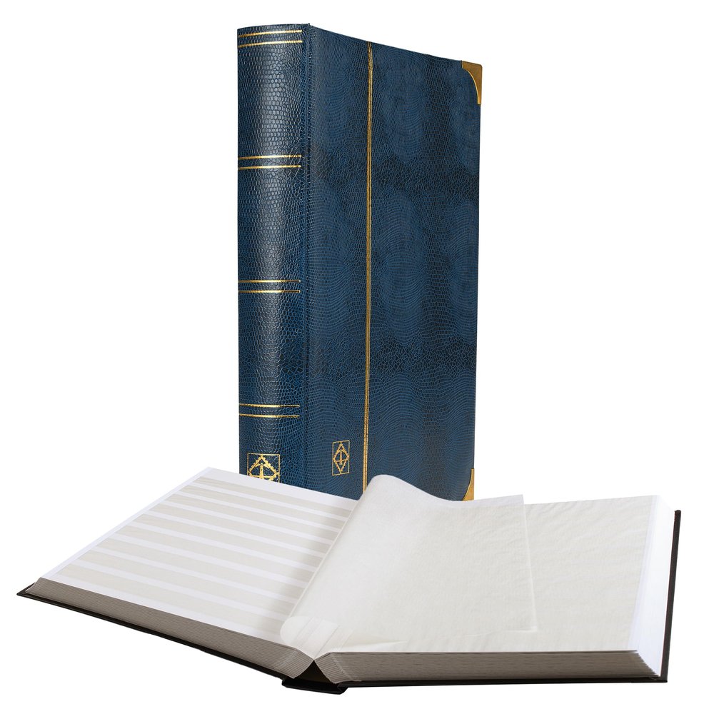 LIGHTHOUSE Comfort Deluxe Stockbook for Stamps - Padded Alligator Leatherette Cover 64 White Cardstock A4 Pages with 9 Strips, Glassine Interleaves, Metal Corners, and Double Linen Hinges - Blue