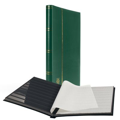 LIGHTHOUSE COMFORT Padded Leather Cover Stockbook for Stamps - 32 Black Cardstock A4 Pages with Clear Strips and Double Linen Hinges - Green