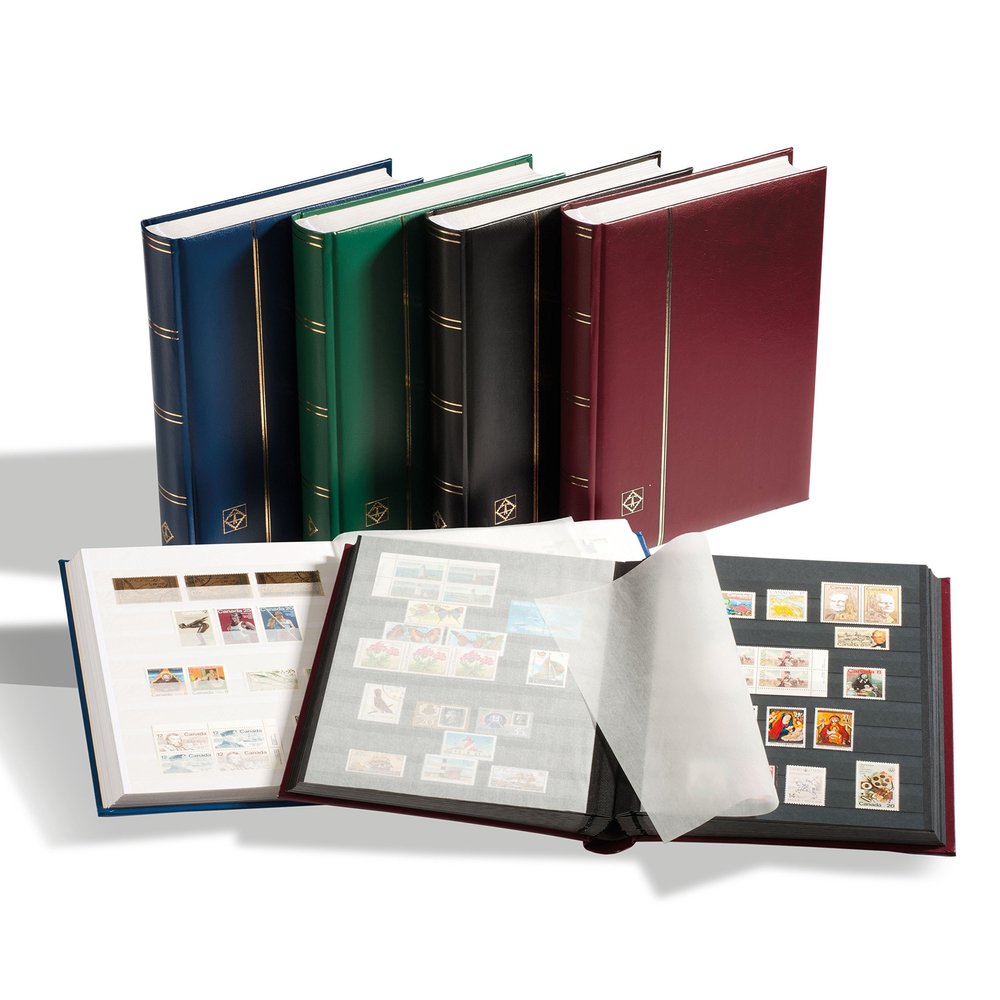 LIGHTHOUSE COMFORT Padded Leather Cover Stockbook for Stamps - 64 White Cardstock A4 Pages with Clear Strips and Double Linen Hinges - Black