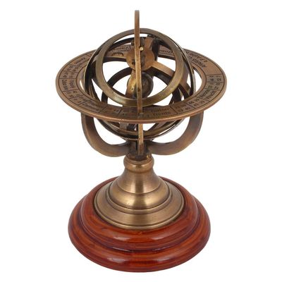 5" Brass Armillary Sphere World Globe Rosewood Base Table Home Decor Gift.