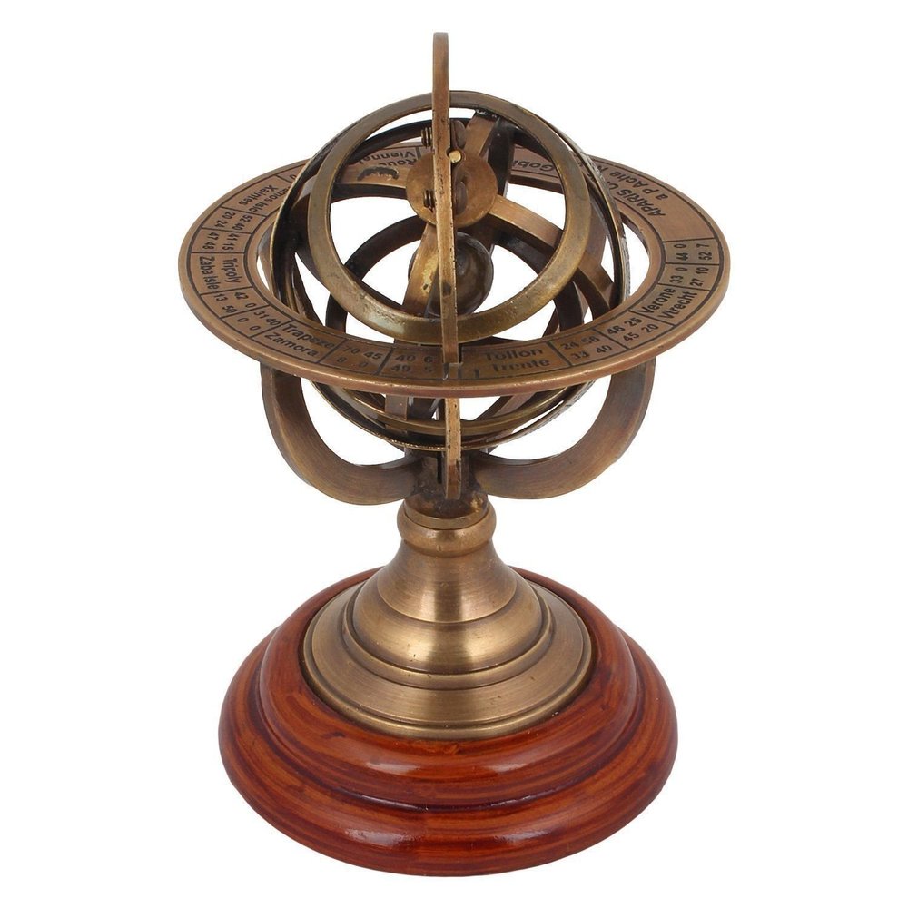 5" Brass Armillary Sphere World Globe Rosewood Base Table Home Decor Gift.