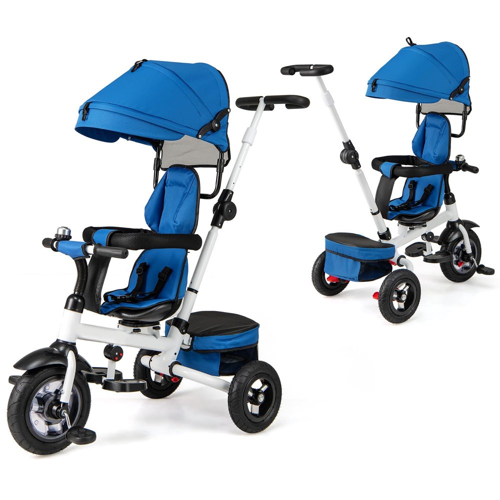 Costzon Tricycle, 5 in 1 Toddler Bike w/Foldable Push Handle, Rotatable Seat, EVA Wheel, Adjustable Canopy, Storage Basket & Bell, Trike for Kids 1-5 Years Old (Blue)