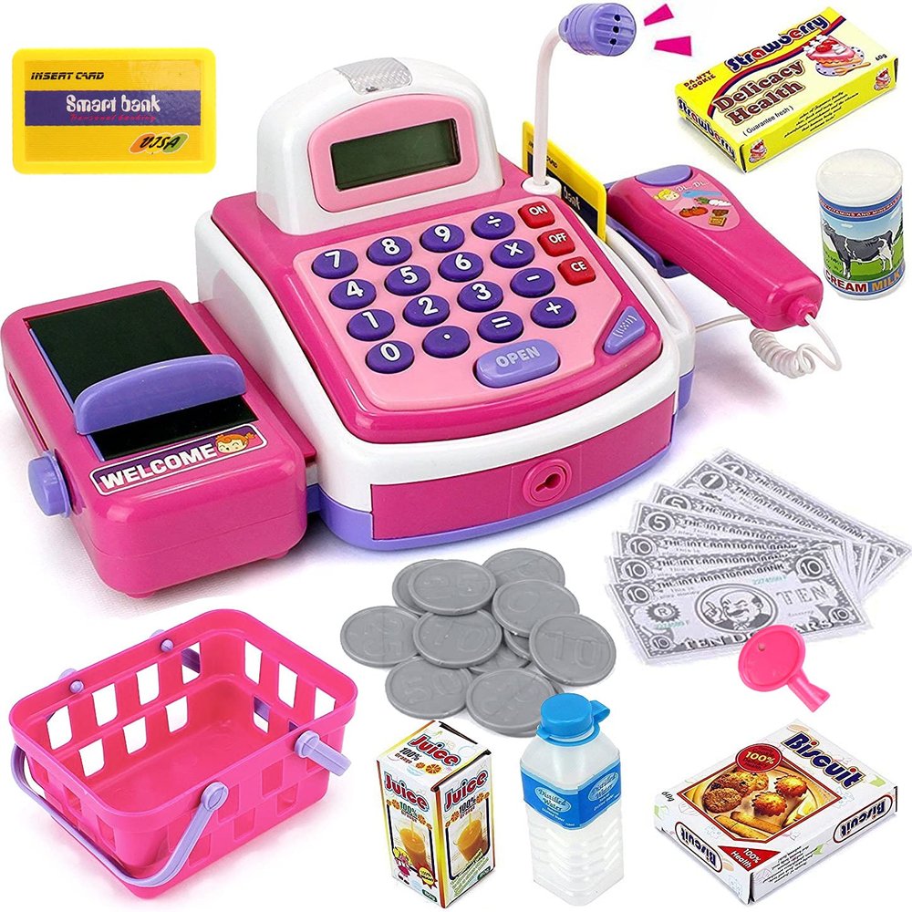 Pretend Play Pink Cash Register Toy - Learn & Play Shopping Kids Toys with Electronic Mic, Scanner, Calculator, Play Food, Fake Money and Basket