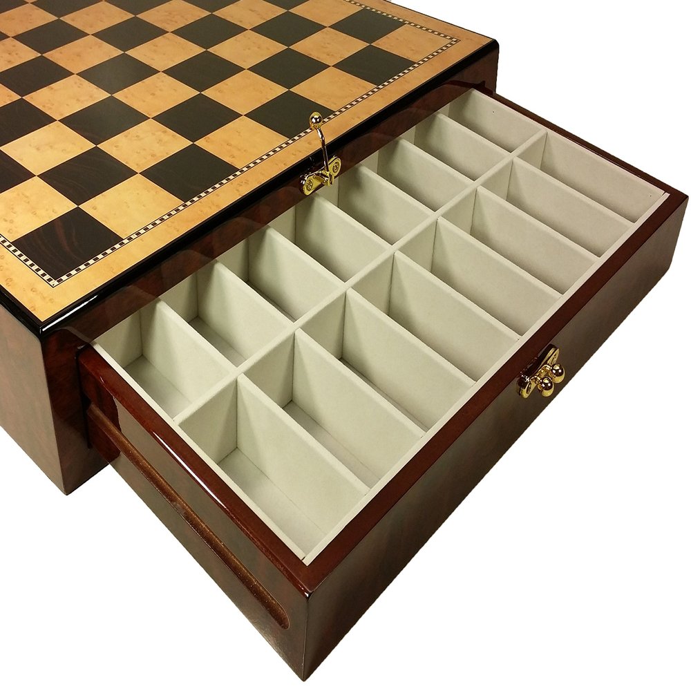 17" High Gloss Chess Storage Board Chest W/ 2 Drawers Dark Walnut and Birdseye Maple Color